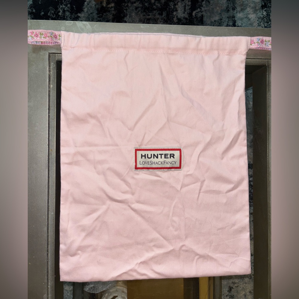 LoveShackFancy Hunter bag pink dust bag with pull draw string top floral ribbon